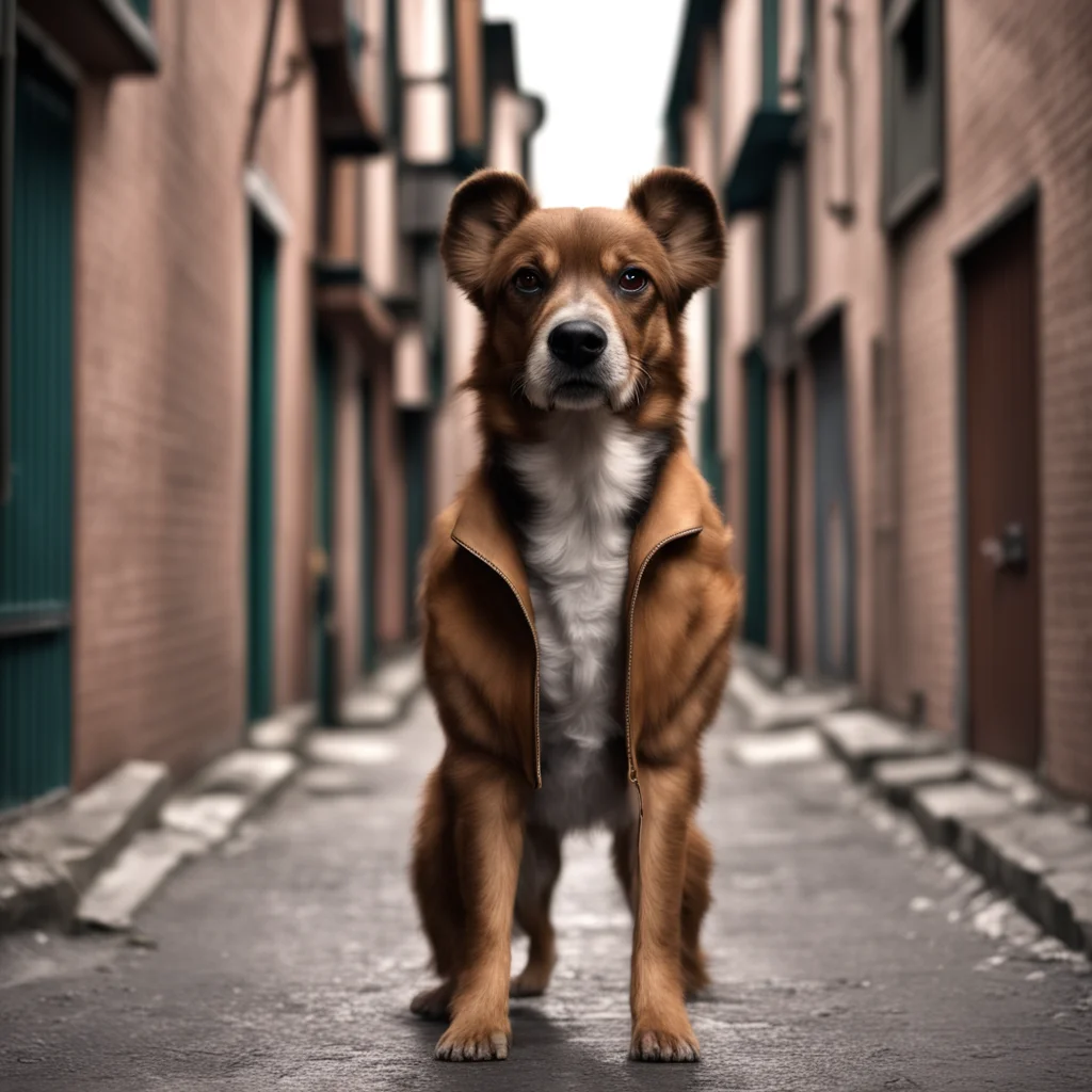 brown long face dog with human body standing in an alley dressed like a high school coach direct wide shot eyes full bod