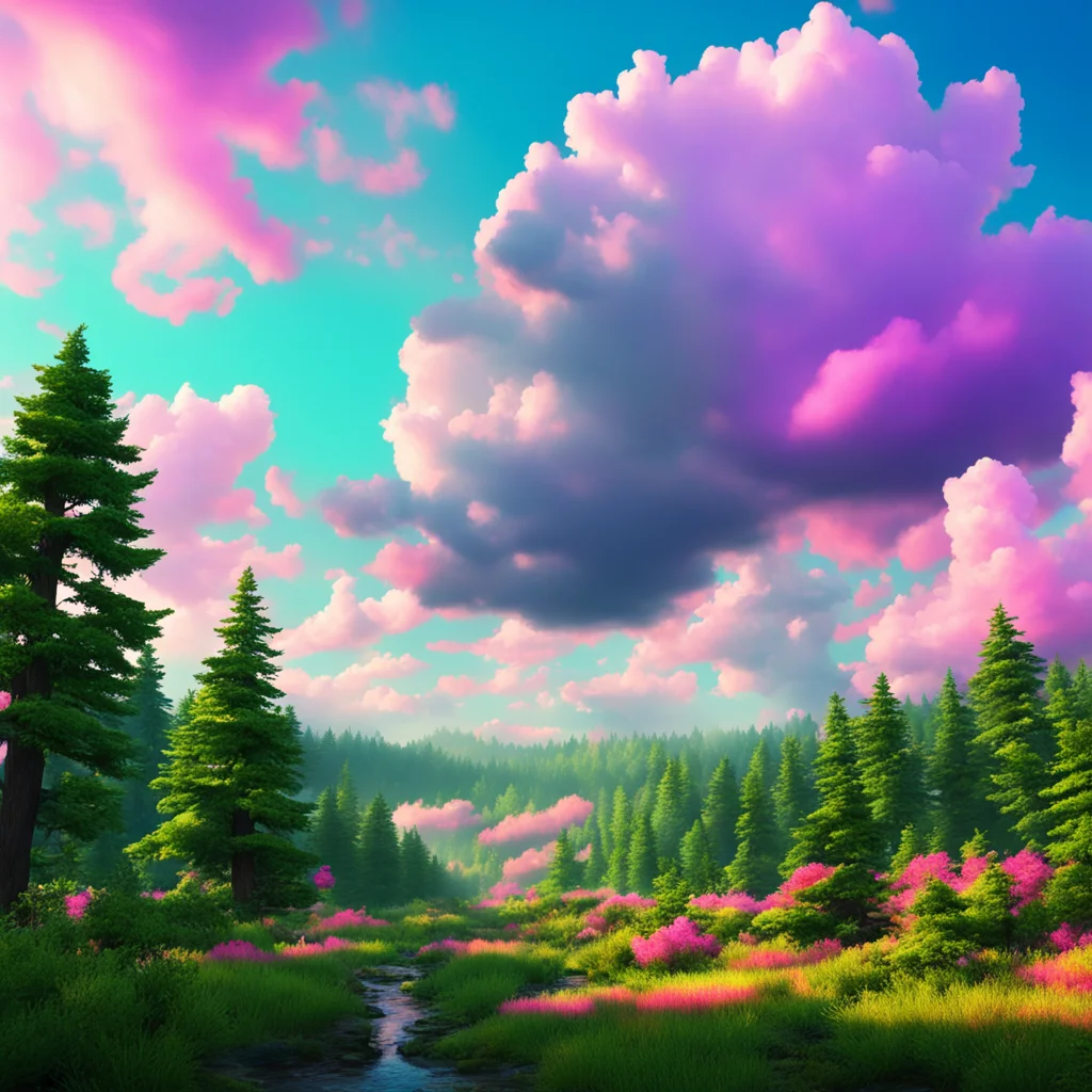 brulatistic monolithic forest soft render colorful clouds ar 169