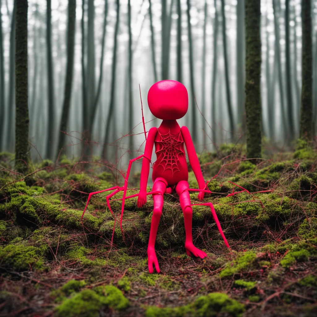 brutalism forest  little red doll  spider webs  surreal ar 916