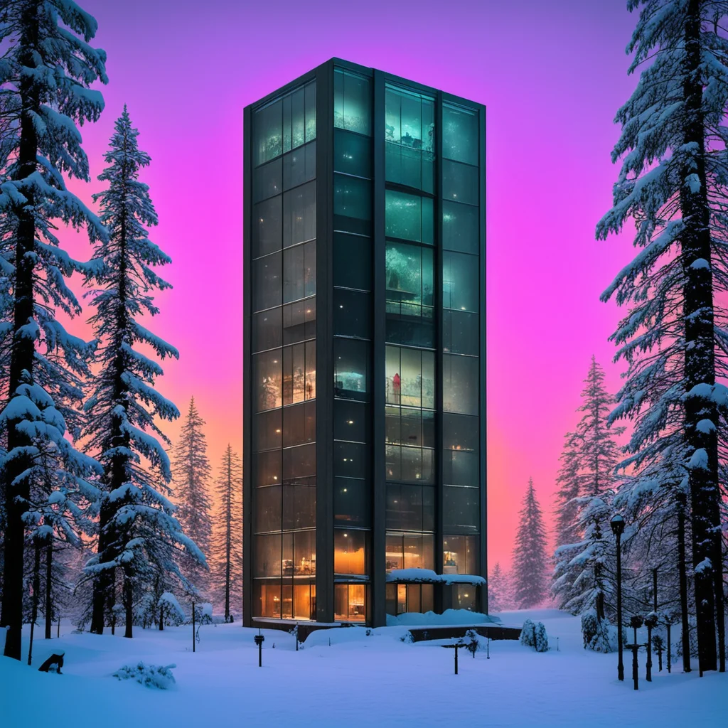 brutalist aquarium tower winter snow snowing storm forest evening sunset glow glowing lights crowds of people ar 1016