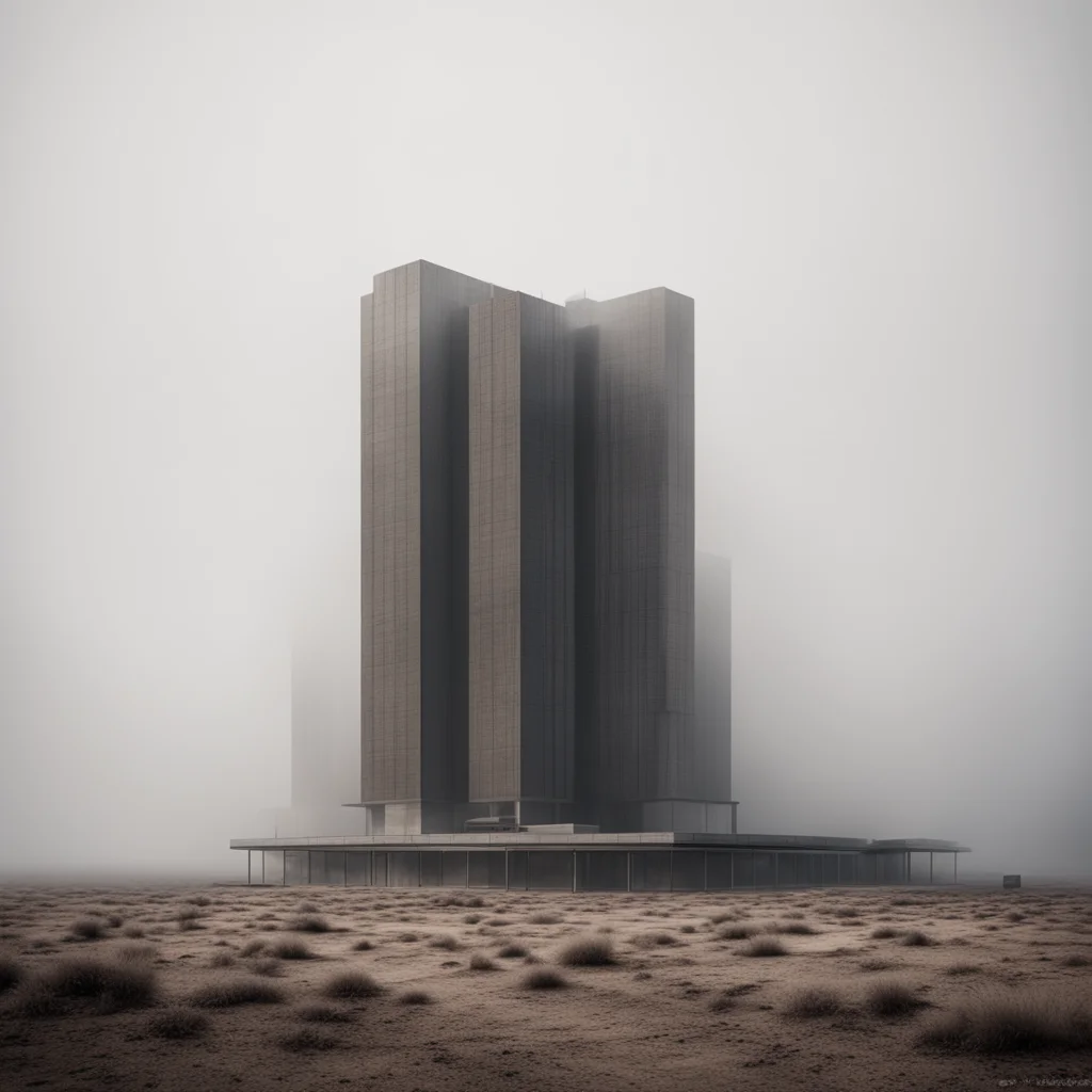 brutalist architecture rising from the ground fog and dust realistic detailed tilt shift