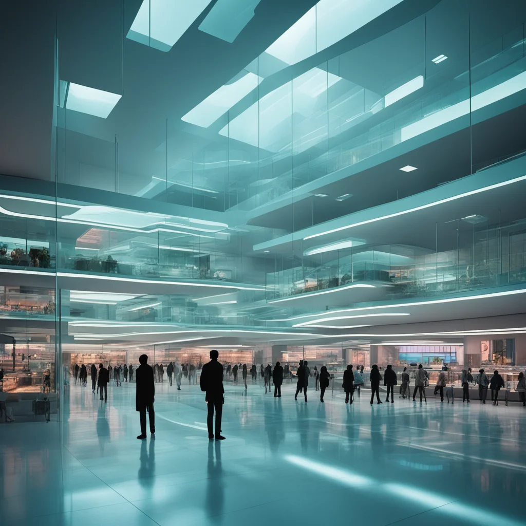 brutalist futuristic mall sleek shiny transparent plastic crowds of people y2k fashion style electronics glowing aquariu