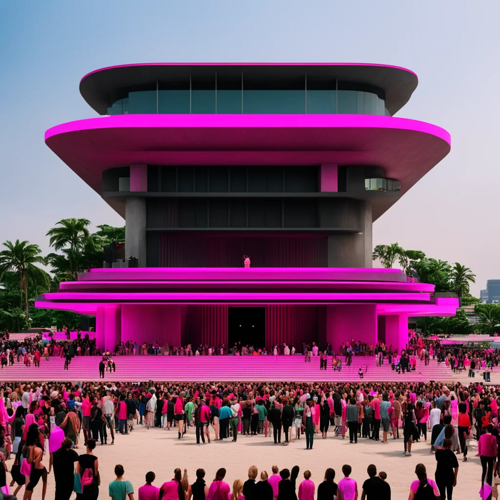 brutalist temple beach shore backlit rimlight black red golden pink crowd crowds of people market electronics