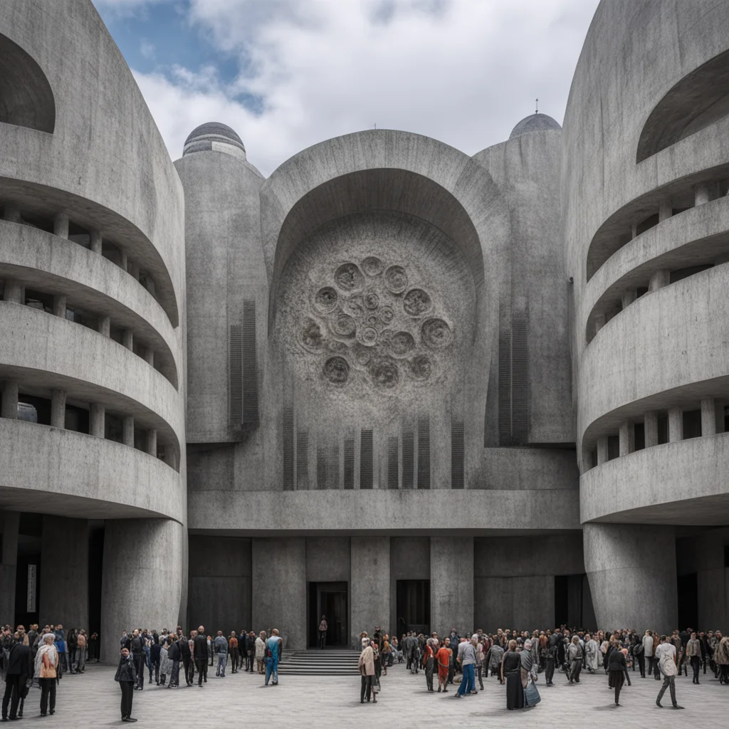 brutalist temple concrete ammonites fossils iridescent windows russian wooden church crowds of people ar 169