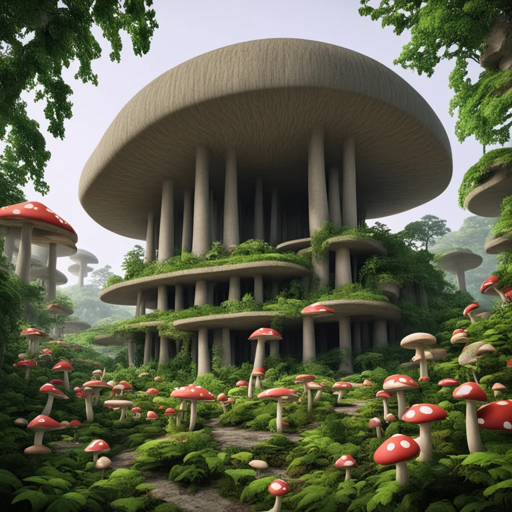 brutalist temple overgrown with mushrooms crowds of people ar 169