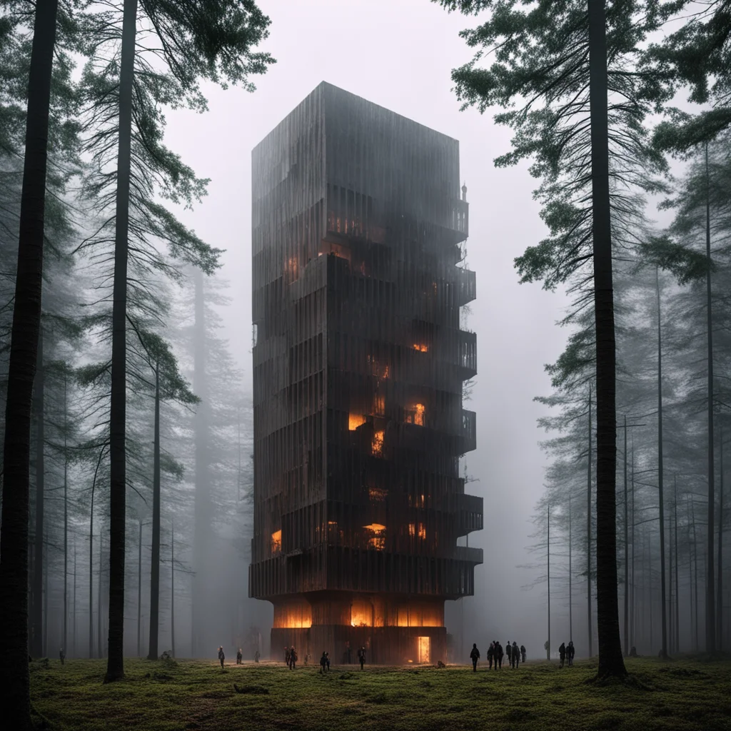 brutalist y2k tower inside a forest concrete rusty metal glow glowing smoke crowds of people ar 1016