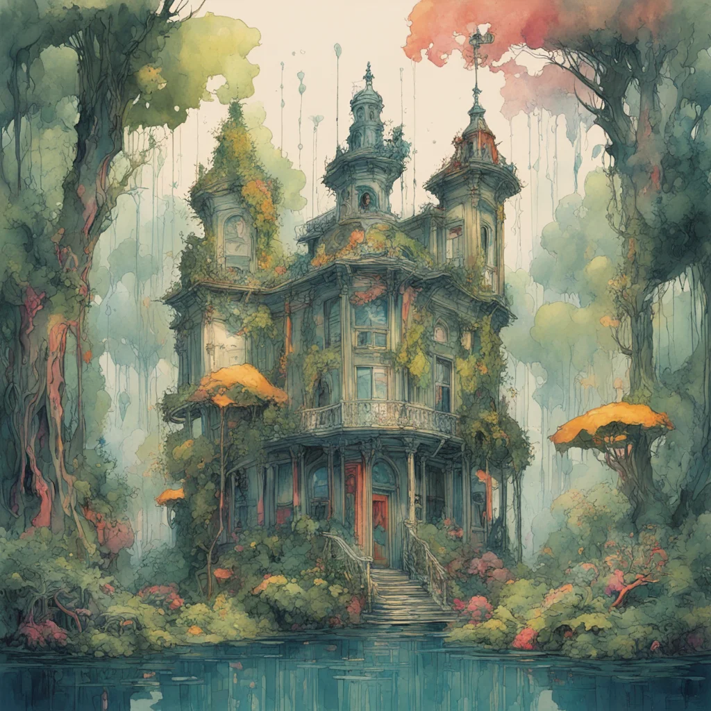 buildings living in a forest overgrown statue ink dropped in water by ivan laliashvili peter mohrbacher rococo details h