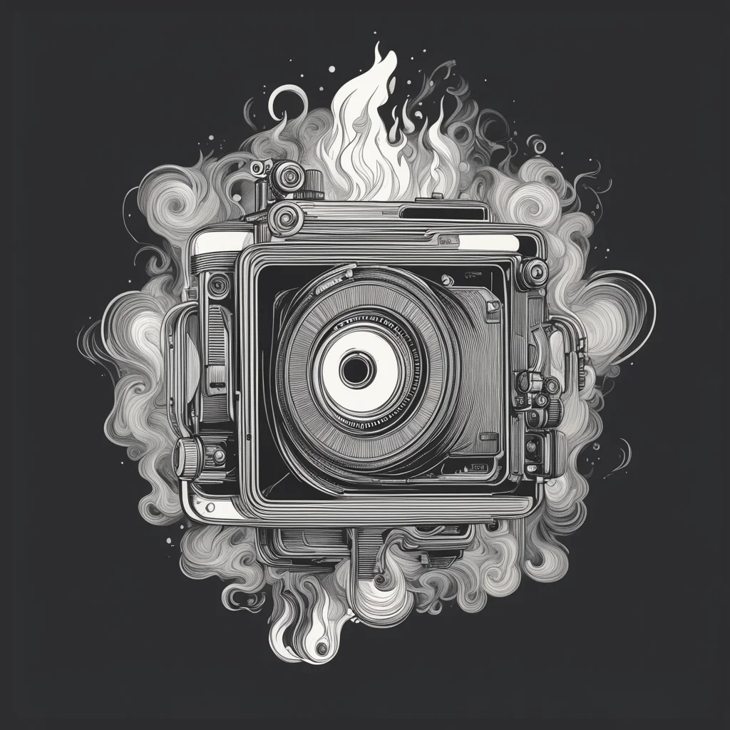 burning 35mm movie camera logo design detailed illustration style artstation linework