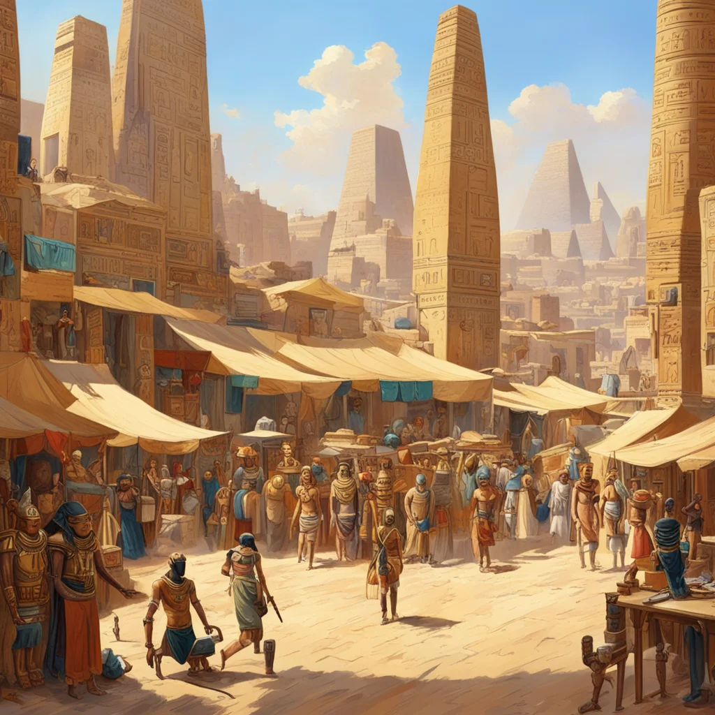 busy ancient egyptian marketplace with themed robots   flying chariots in distance   bright midday sunshine   wide angle