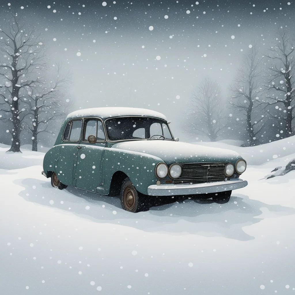 car sitting in snowfall with symbolic elements painted in the style of Edmund Dulac landscape ultra wide ar 2012