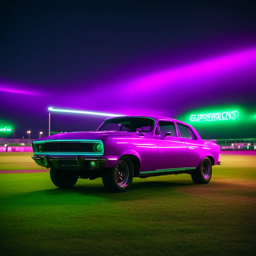 car with neon lights parked outside baseball field while game happens night time euphoria style cinematography aspect ra