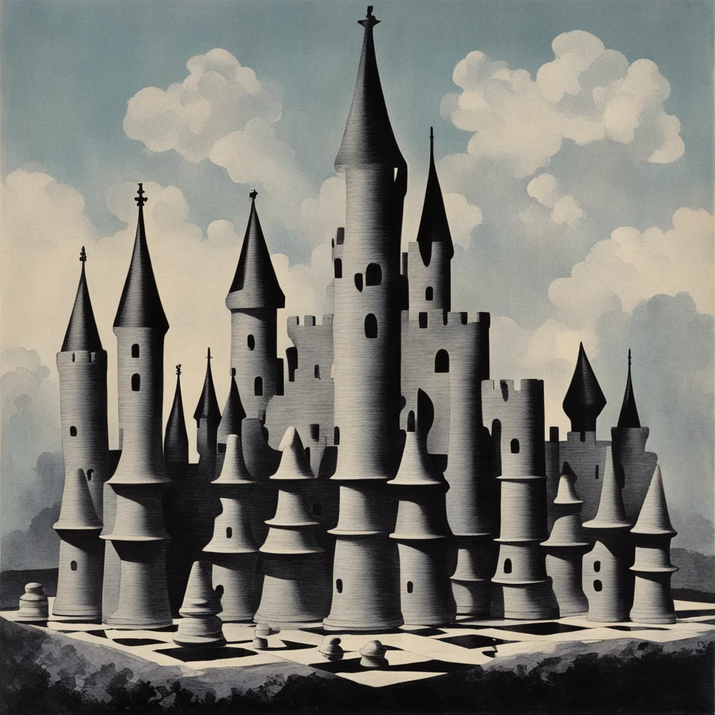 castle made of chess pieces epic pulp art fantasy magazine circa 1968 ar 1117