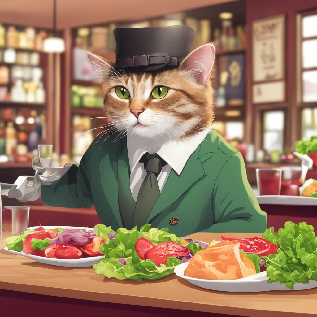 cat detective wearing a PI’s outfit surveilling a salad bar in a restaurant