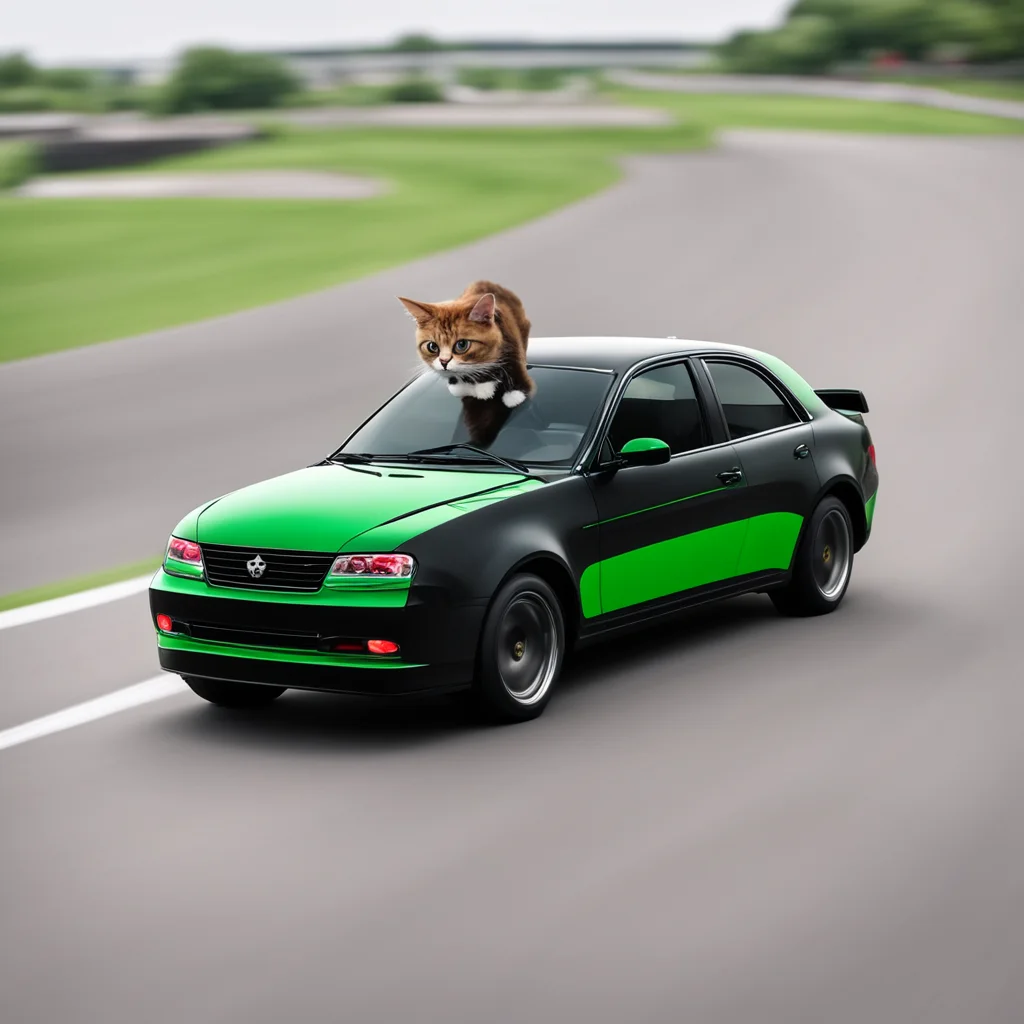 cat flying in black car with green mustache in a raceway