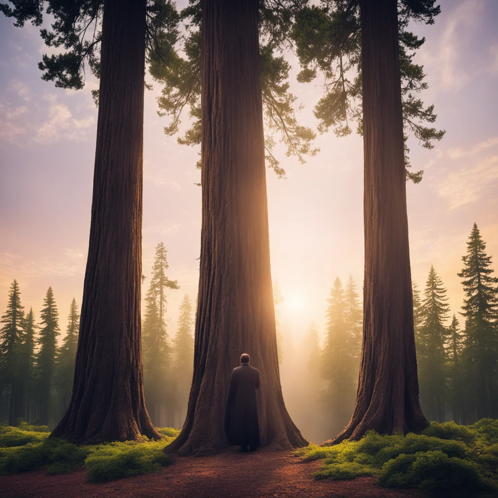 catholic priest standing at the base of a giant redwood being raised to heaven at sunset —ar 219