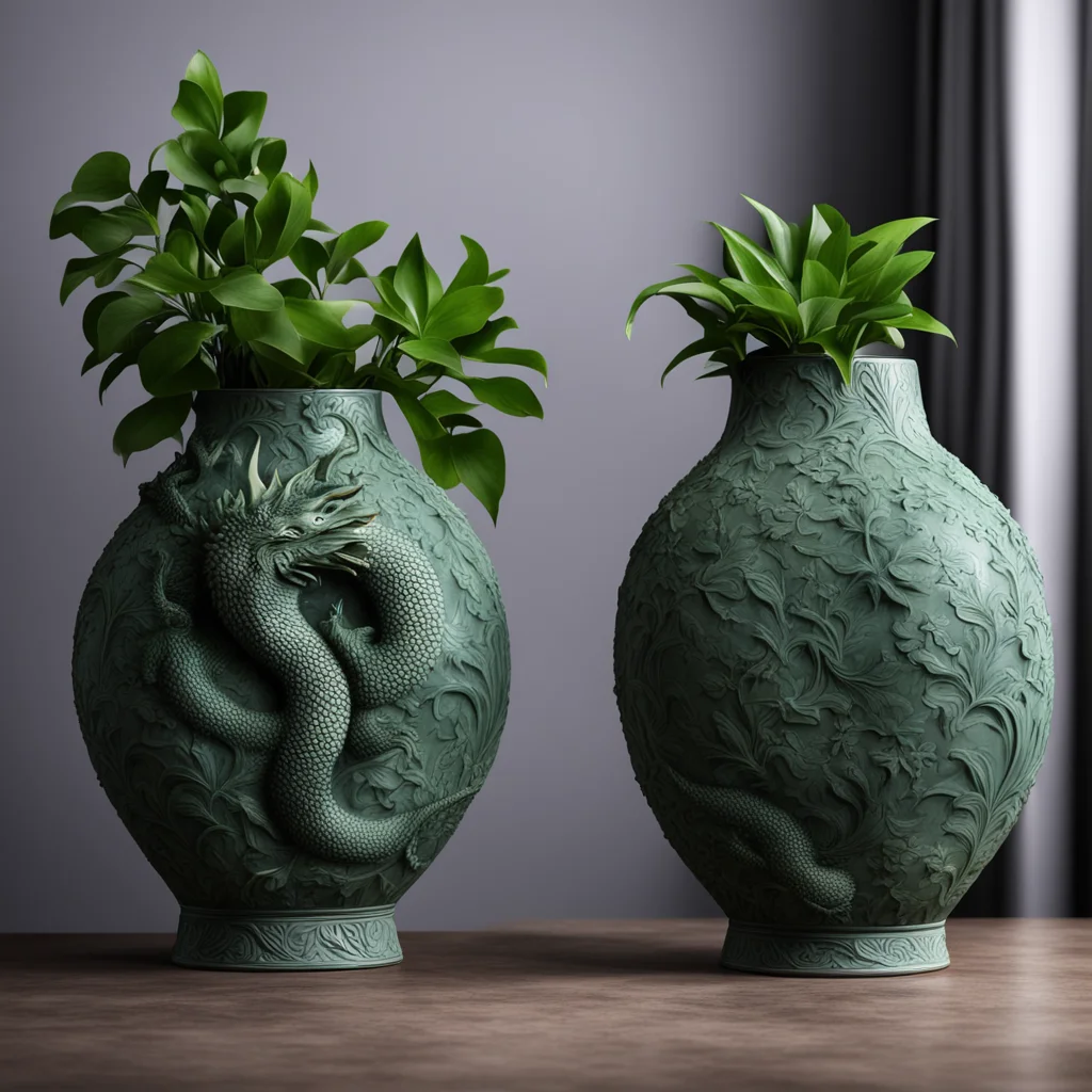 ceramic vases with dragon textures foliage photorealistic moody shots