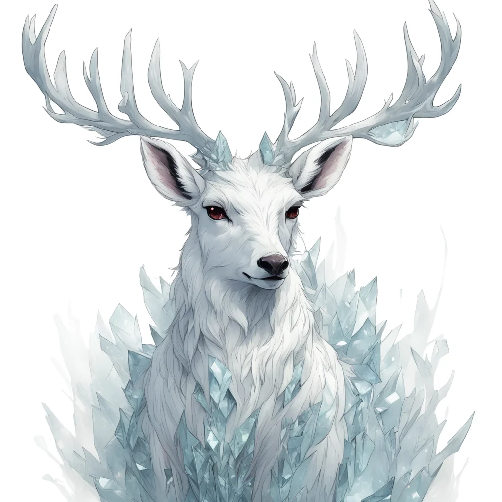 character concept of magical white Deer with large crystal covered antlers art drawn by Kim Jung Gi