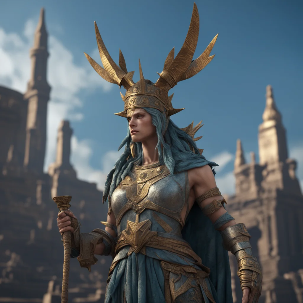 character design wearing statue of liberty crown god of war valkyrie viking priestess dramatic lighting ruins background