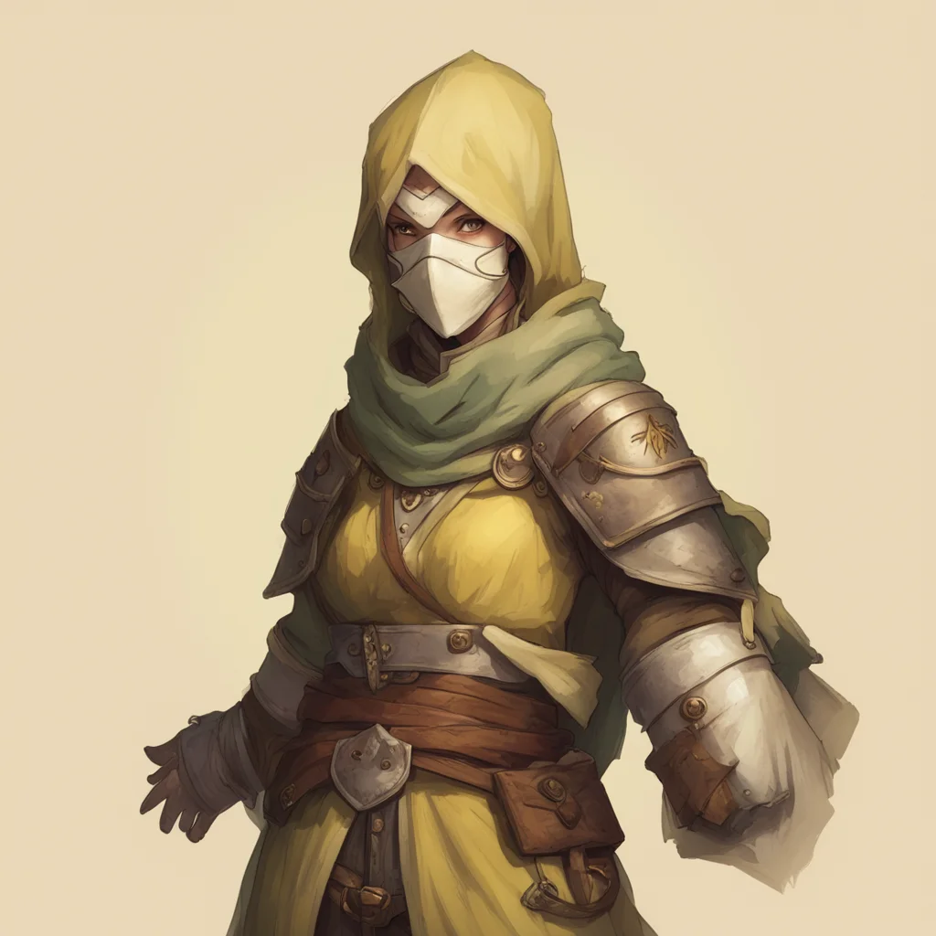character profile card pathfinder dnd fantasy merchant shopkeep masked female wide angle faded light yellow background a