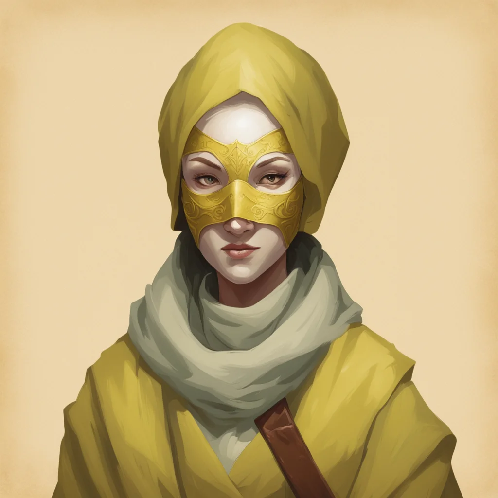 character profile picture card female shopkeeper merchant wearing mask masked fantasy dnd pathfinder painting faded ligh