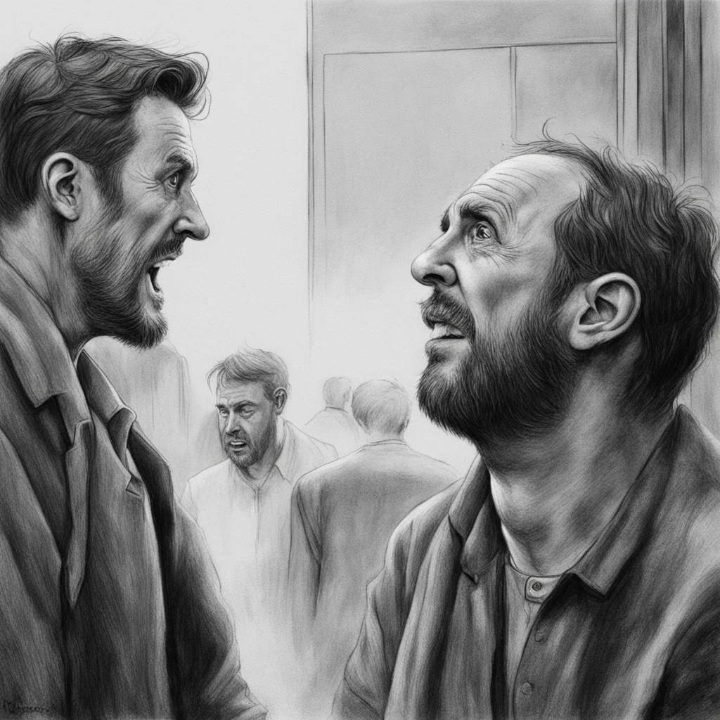 charcoal illustration detailed man tells off a vulgar type man who was purposely ill treating him every time anyone went
