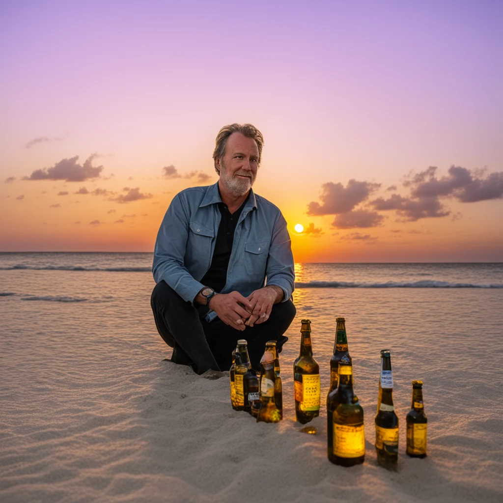 charles branson on beach with beer bottles around at sunset