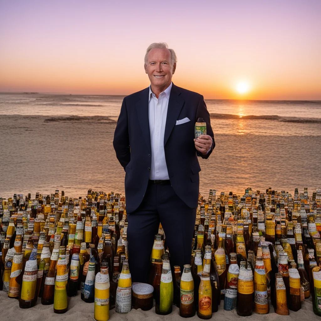charles branson on beach with thousands of beer bottles around at sunset