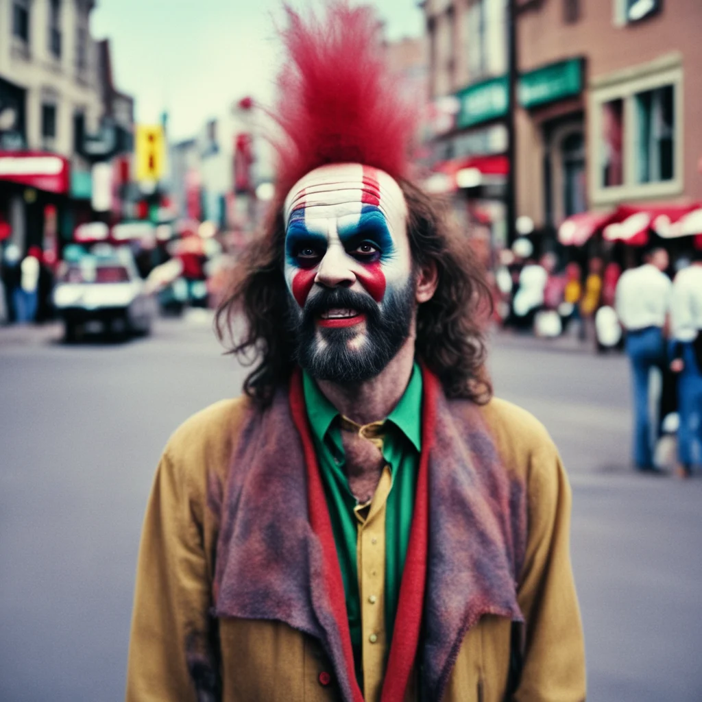 charles manson clown satanist on main street seventies style anamorphic lens flair