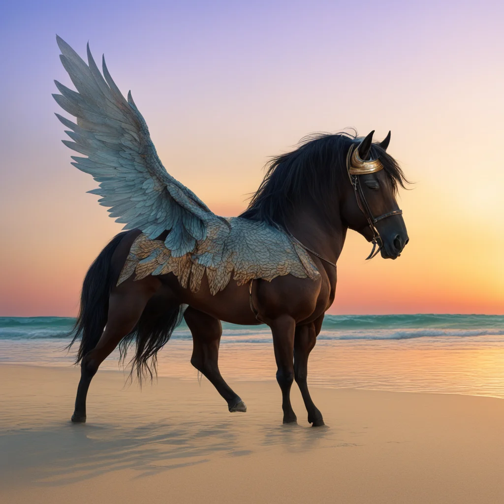 cheval mythic avec ailes sur la plage au couchée du soleil