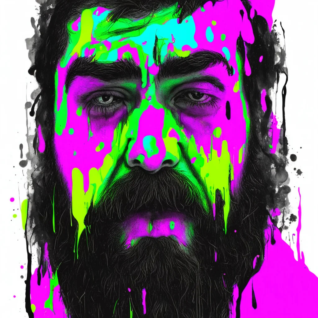 childish drawing of man with black beard crying neon paint coming out of his eyes