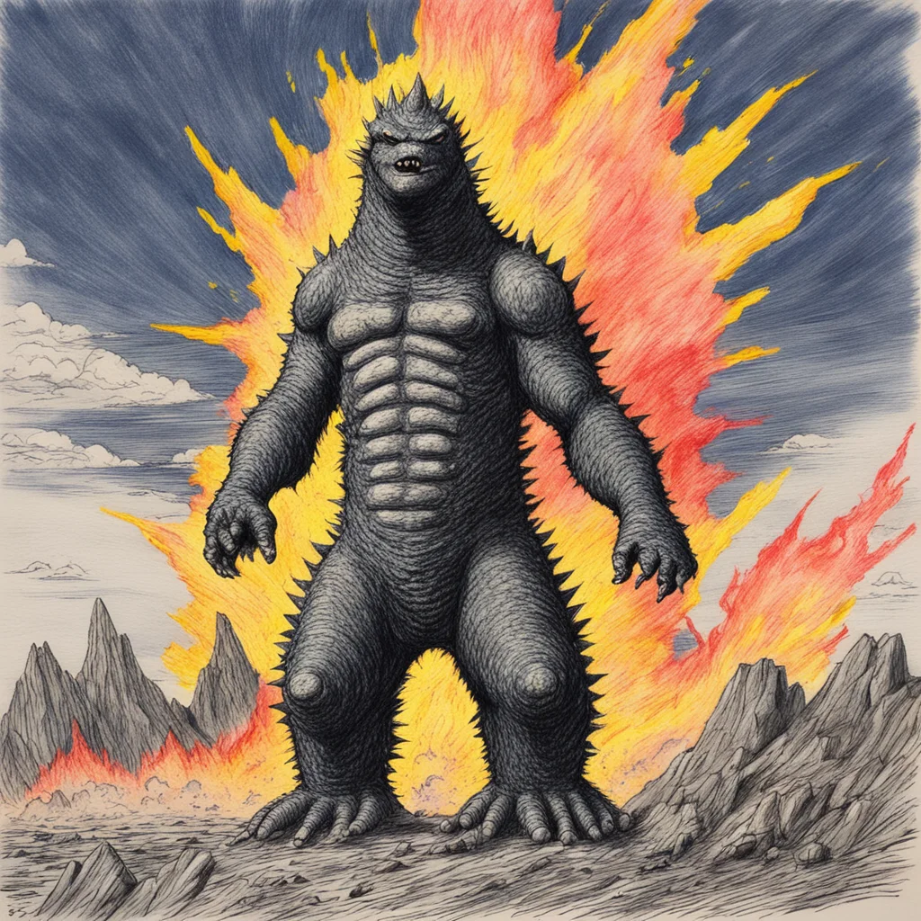 childs crayon drawing of a godzilla with a nuclear explosion in the background