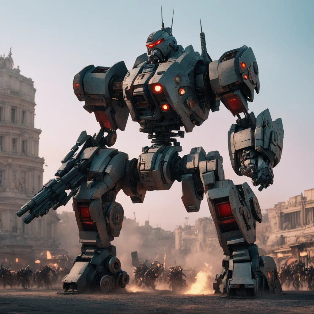 cinematic 35mm film footage of large battle Mecha in Rome quiet evening highly detailed cgsociety hyperrealistic no dof 