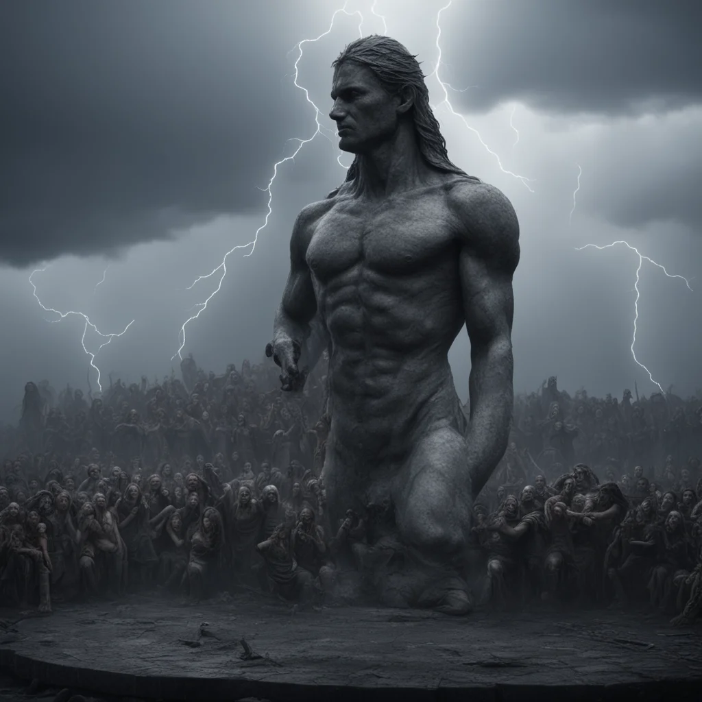 cinematic crowd kneeling around a giant statue Eerie atmosphere darkness gloomy lightning Highly detailed epic compositi