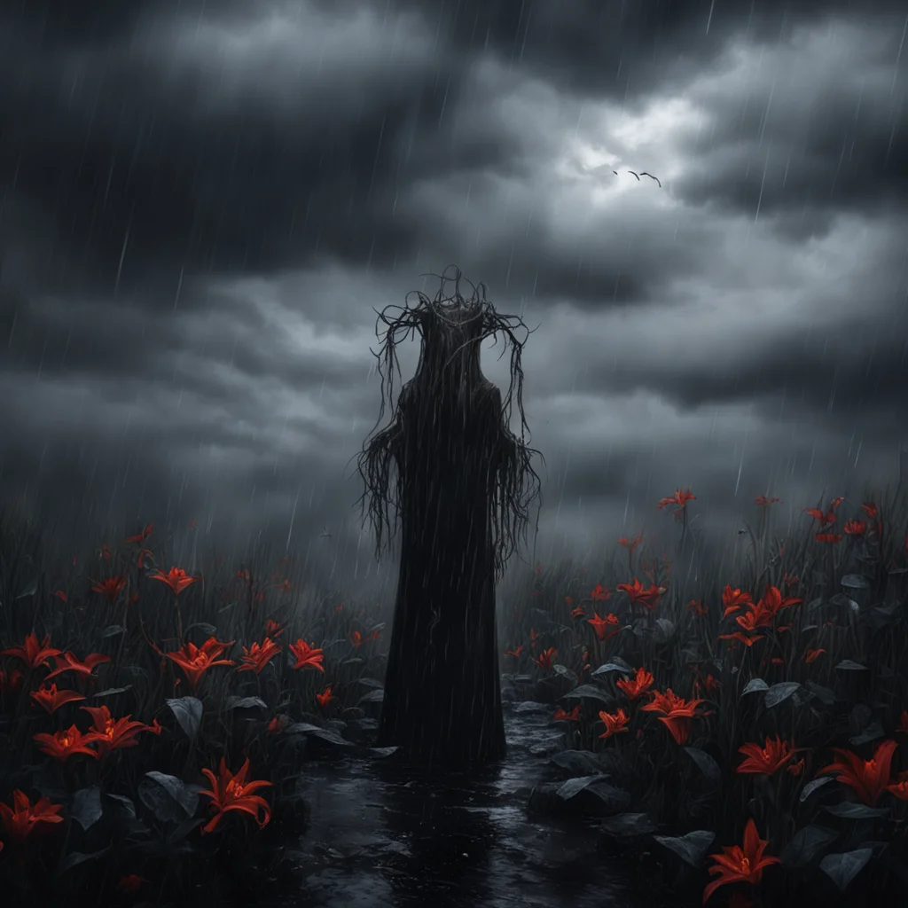 cinematic dark fantasy sorrow lillies thornes clouds rain embers