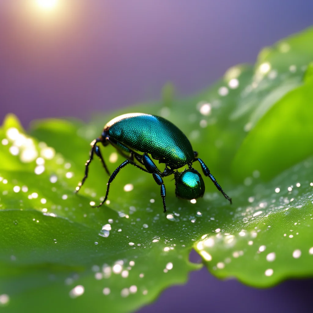 cinematic leaf closeup iridescent beetle is happily drinking from dewdrop hyperrealistic unreal engine evening sunlight 