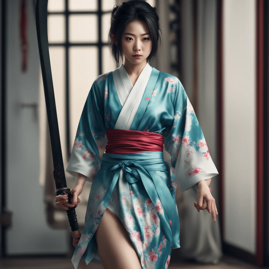 cinematic painting detailed hyper realistic pretty Japanese woman with katana sword silk short pajamas ar 55