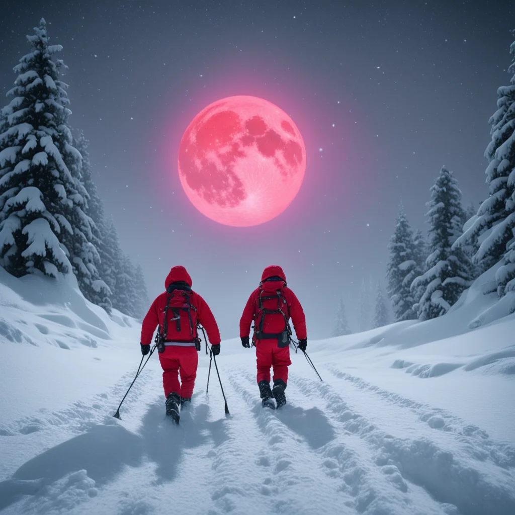 cinematic shot of two snowshoers pulling sled through a blizzard red moon volumetric beautiful epic lighting photorealis