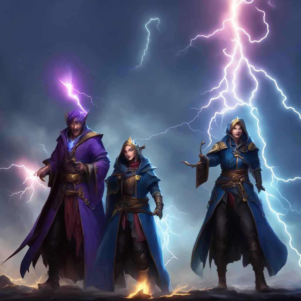 cinematic time mages laughing casting lightning concept art