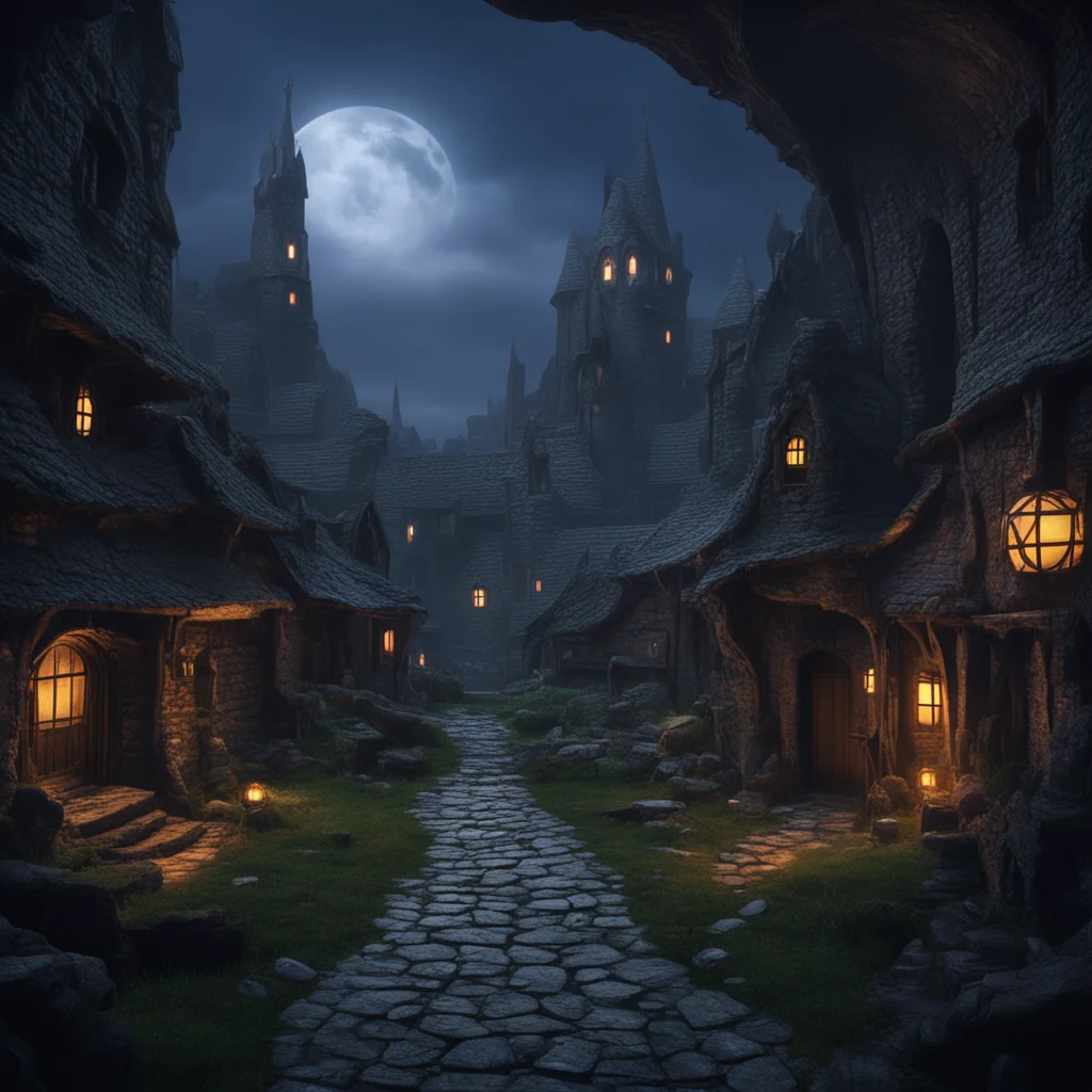 cinematic underground dark fantasy village in a lair twilight 8k ar 219 hd