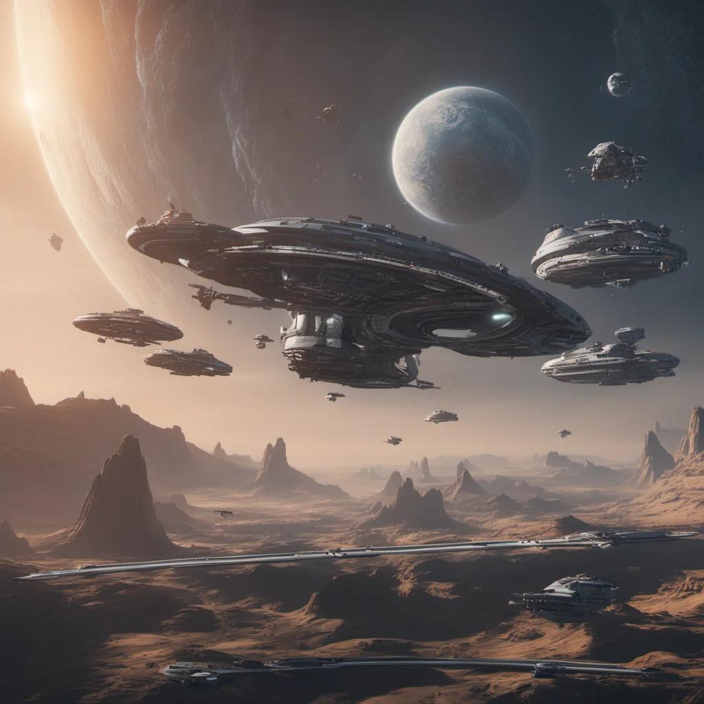 cinematic view of a futuristic space station orbiting around a planet with several spaceships flying around science fiction Halo Star Citizen Star Wars art
