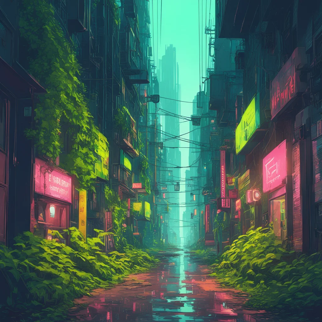 cinematic view of an alley of a futuristic city overrun with foliage atmospheric lightingby Simon Stalenhåg