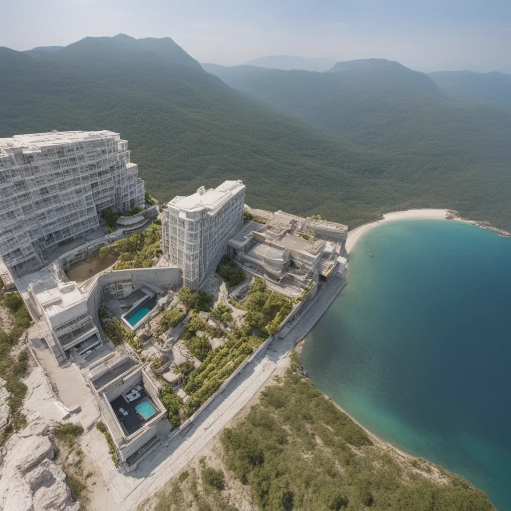 circle hotel build in mountains in hot sunny day with ocean far away looking form bird eye
