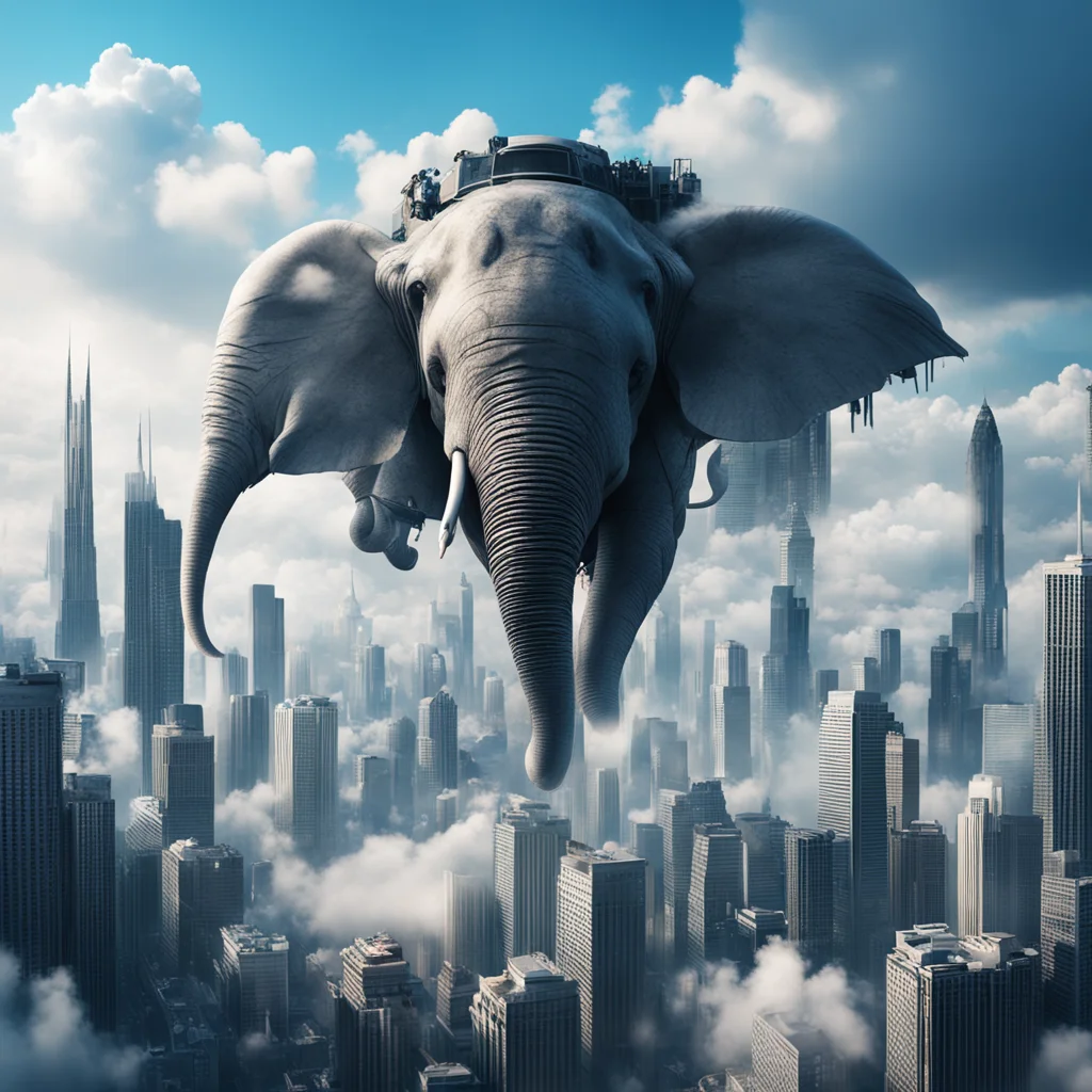 city in the clouds with flying elephants cyberpunk hyperreal