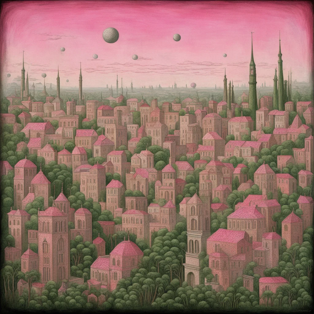 city landscape pink skyes by henri rousseau da vinci ernst haeckel tim burton moebius textured gritty h 500 w 1500