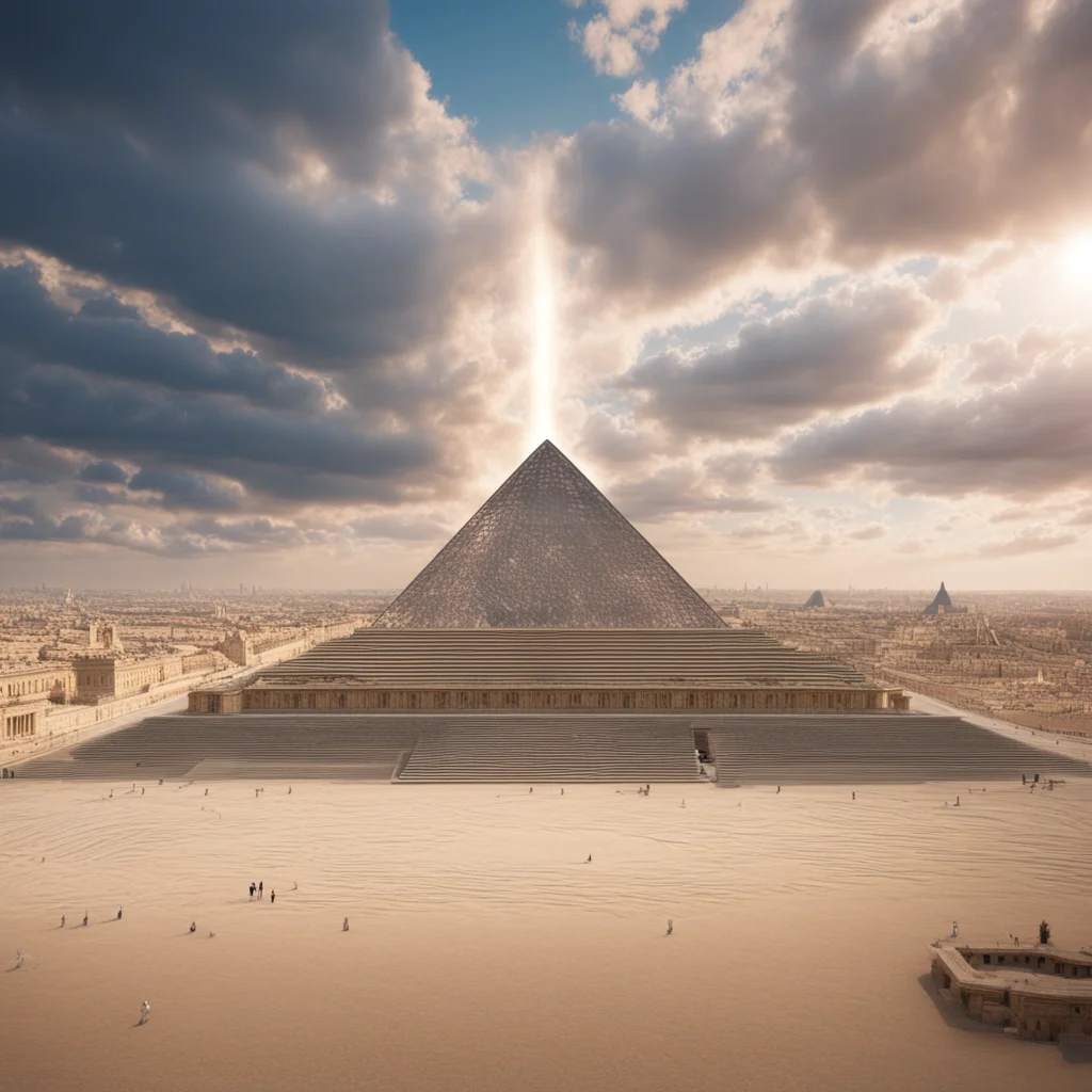 cityscape inside Louvre Pyramid desert volumetric cinematic dramtic weather sky glowing laser show daylight ar 169
