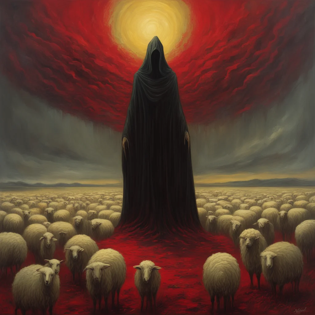cloaked evil figure huge above a field filled with sheep and figures cloaked figure has knives and weapons dark red and 