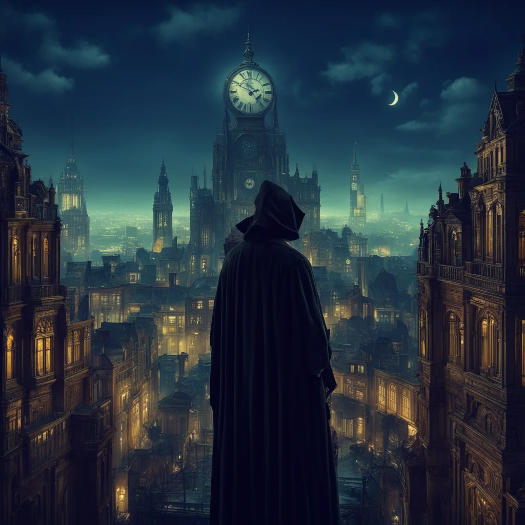 cloaked figure overlooking a edwardian architecture steampunk city at night wallpaper