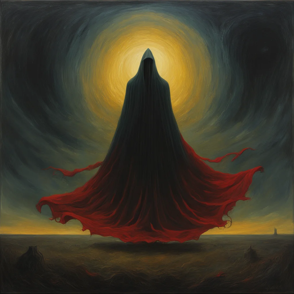 cloaked figured on kness screaming in field at dark black hole in night skyGold and red cloak anguished facial expressio