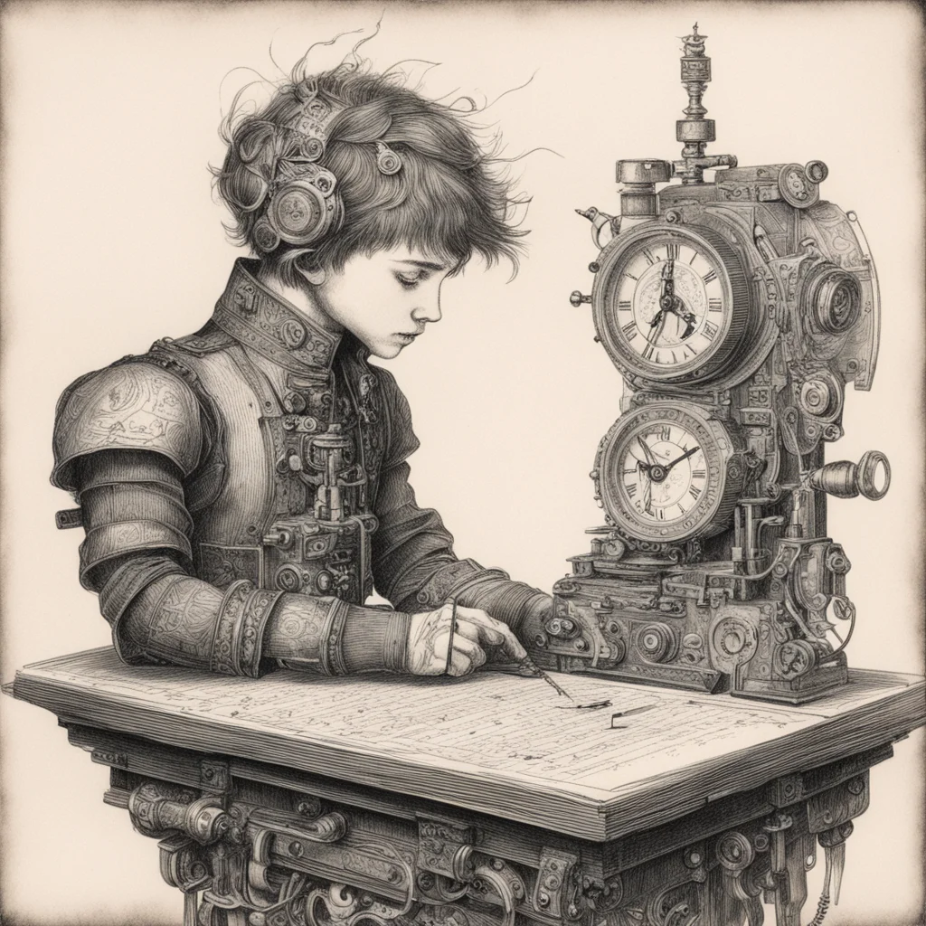 clockpunk automaton boy writing etching