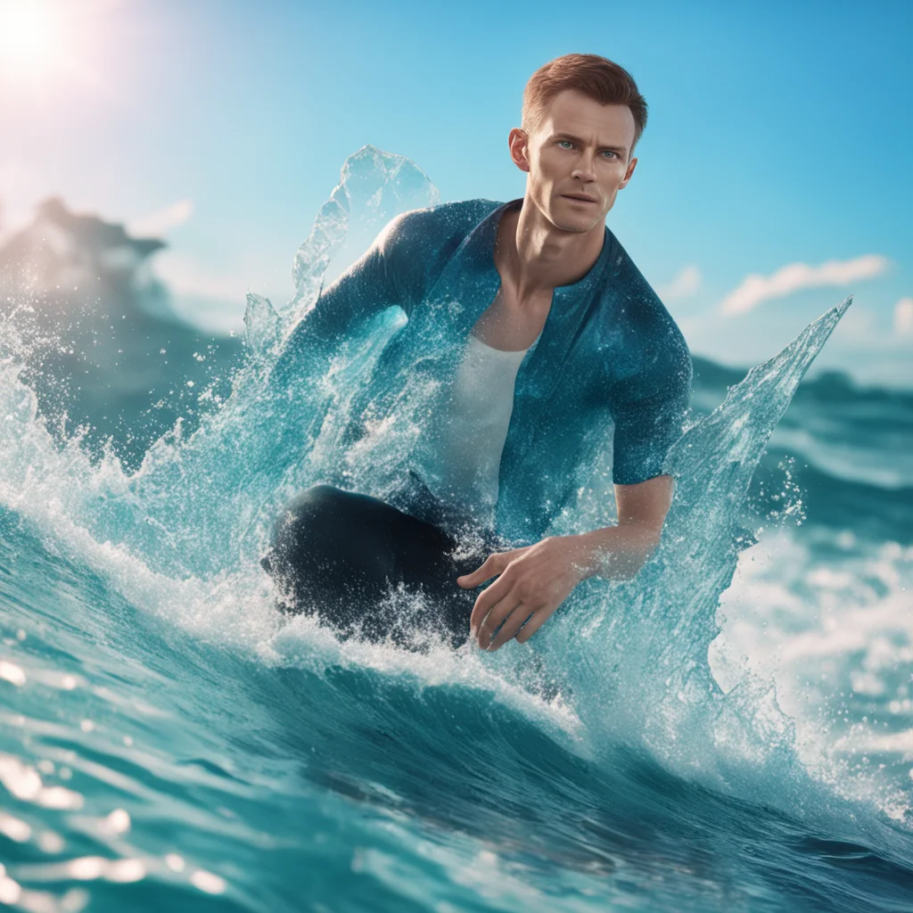 close up action portrait of vitalik buterin riding a surfboard shaped like crystal magic ethereum shard riding the great